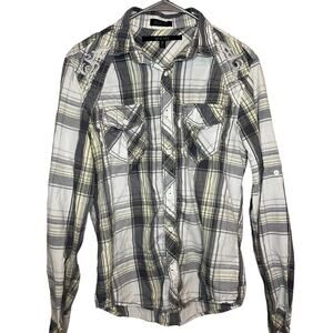 Black Slim Embroidered LS Plaid Casual Dress Button Up w/ Decorative Back